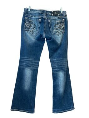 Y2K Miss Me JP6120B Boot Cut Low Rise Embroidered Rhinestones Back Pocket Jeans